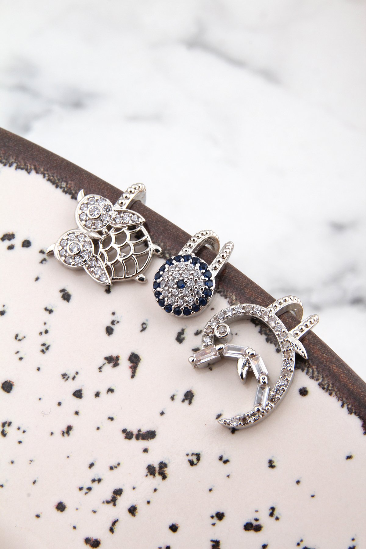 Baykuş Nazar Balık Figürlü Üçlü Kıkırdak Küpe - Piercing - Silver Renk