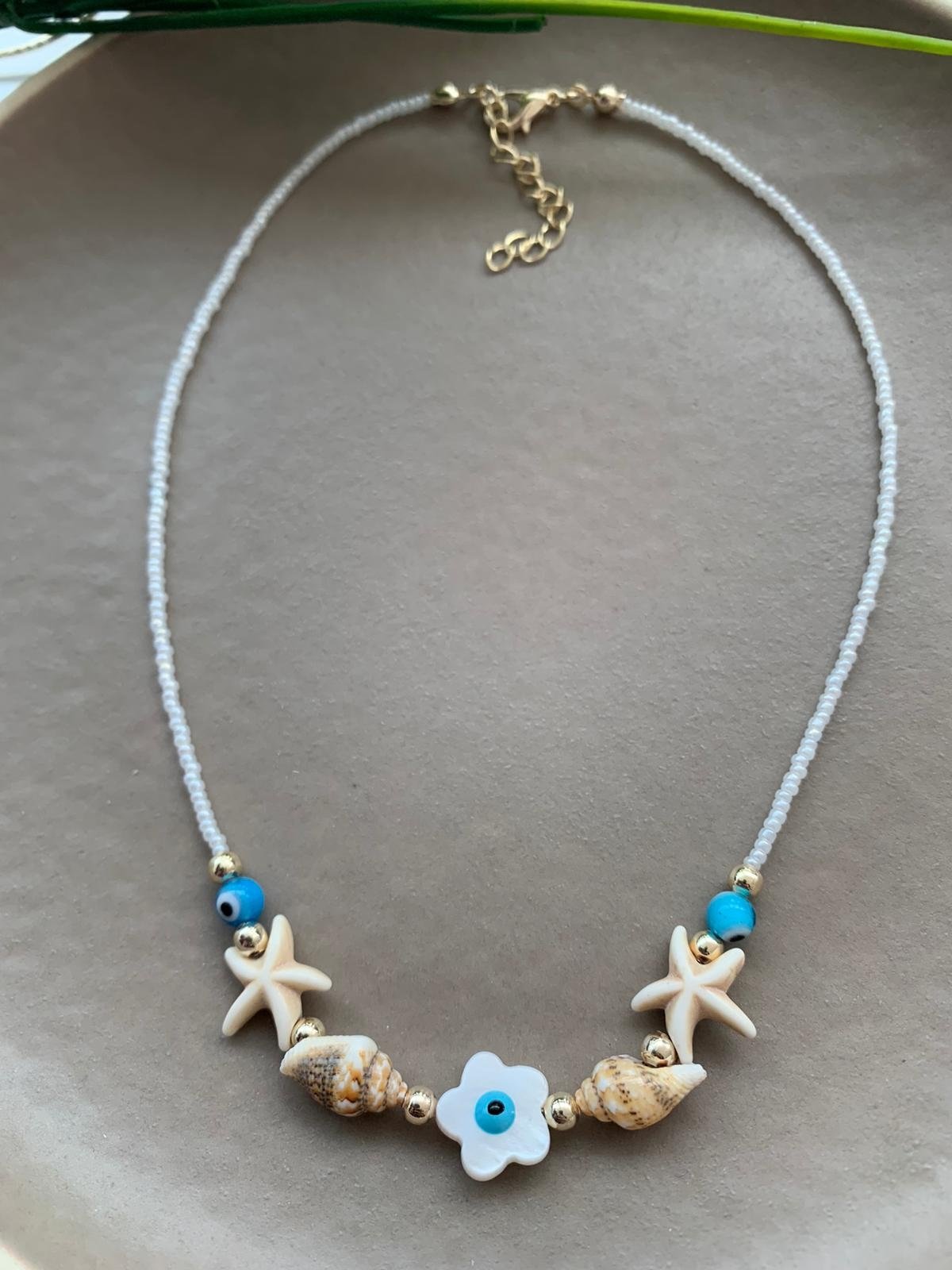 Beyaz Kum Boncuklu Deniz Yıldızı Deniz Kabuklu Kolye