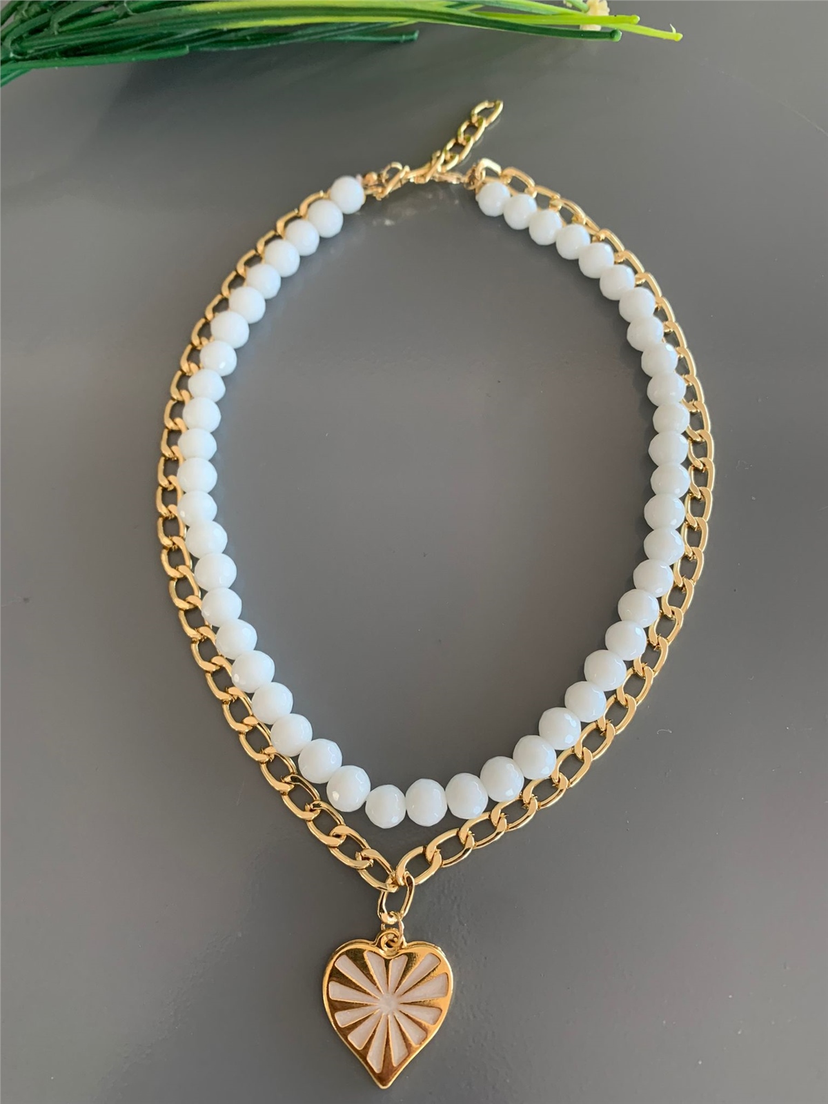 Beyaz Kuvars Taşlı Kalp Figürlü Kalın Zincirli Çiftli Kolye