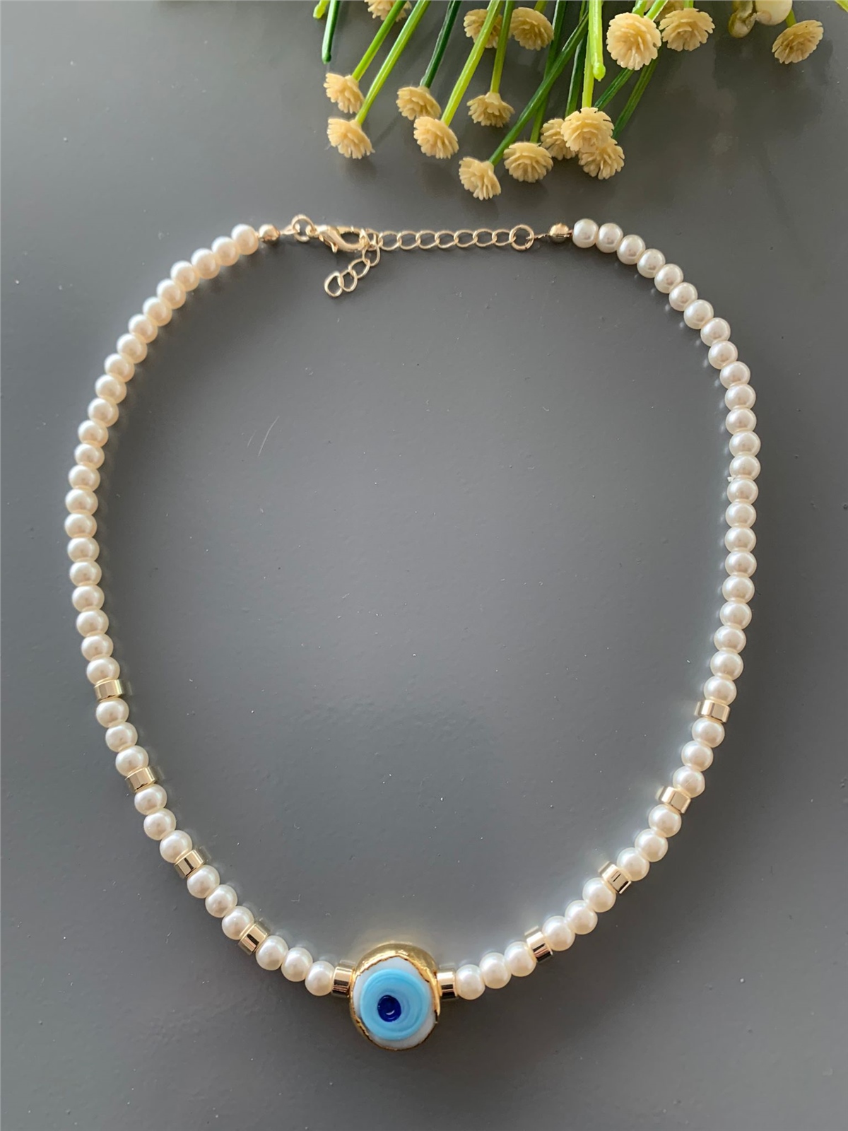 Beyaz Mavi Cam Nazar Boncuklu İncili Kolye