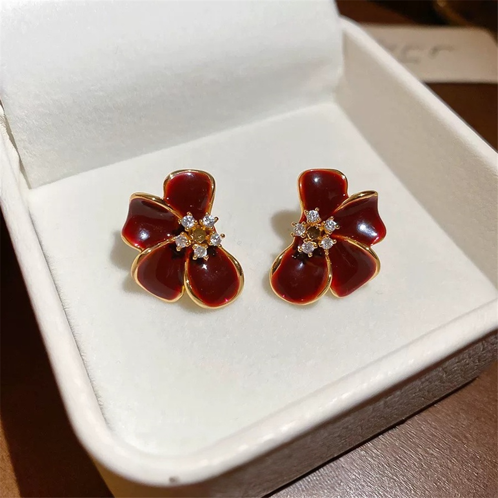 Bordo Mineli Çiçek Küpe