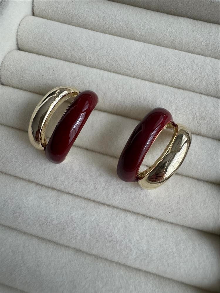 Bordo Mineli ve Gold Renk İkili Halka Küpe