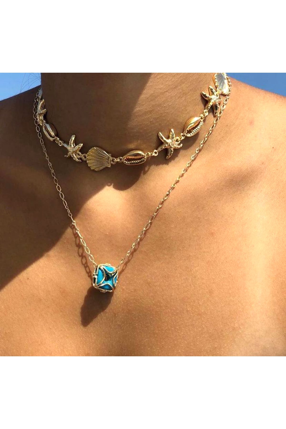 Deniz Kabuklu ve Mavi Boncuklu Choker Kolye Seti