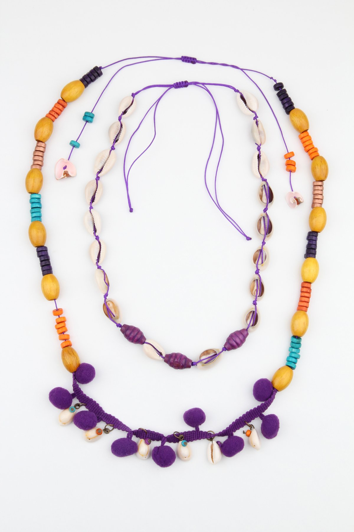 Denizkabuklu ve Ponponlu İkili Tasarım Kolye -Mor