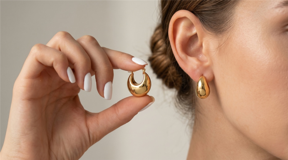 Gold Renk Kalın Halka Model Kadın Çelik Küpe