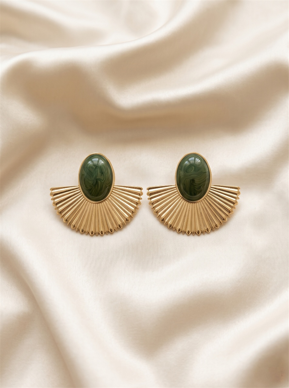 Haki Oval Mermer Desenli Yelpaze Küpe