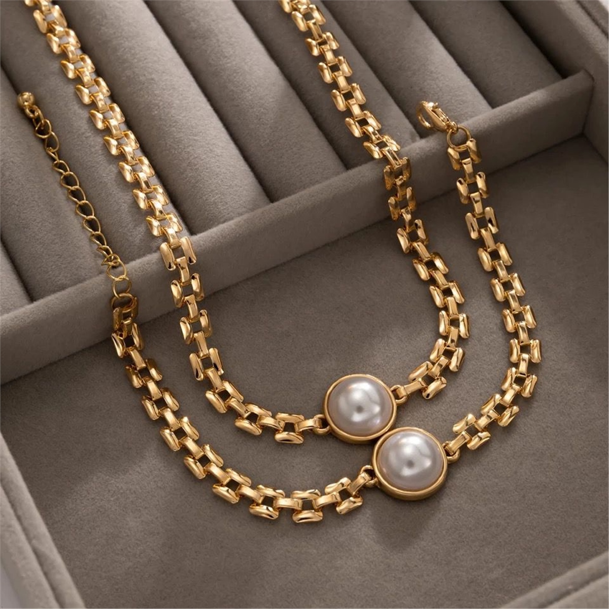 İncili Gold Pirinç Zincirli Kolye Bileklik Takımı