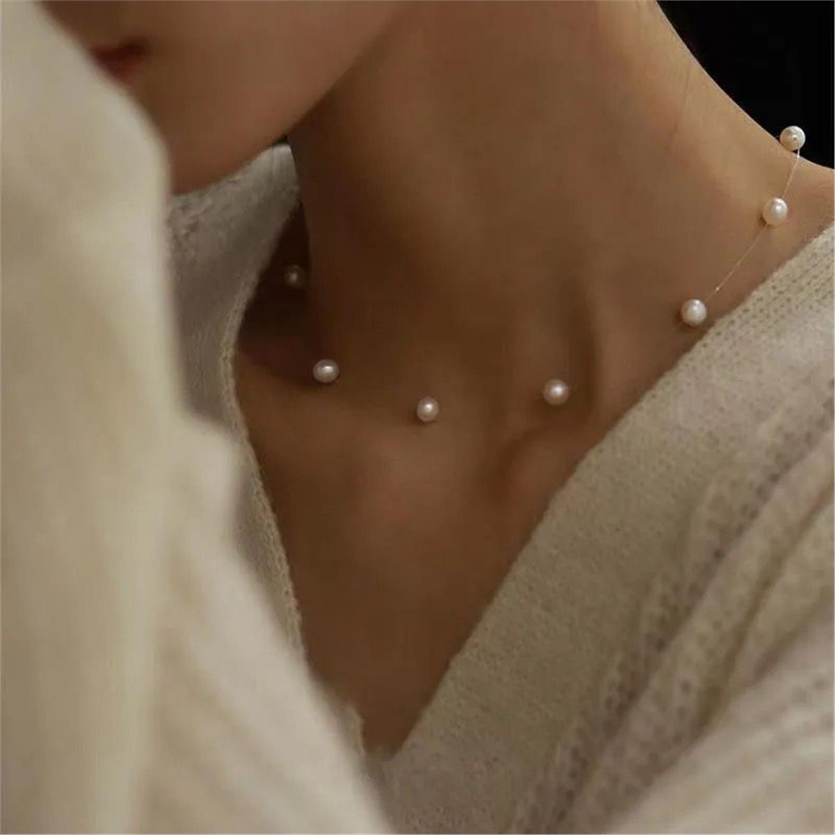 İncili Şeffaf Misinalı Hayalet Kolye