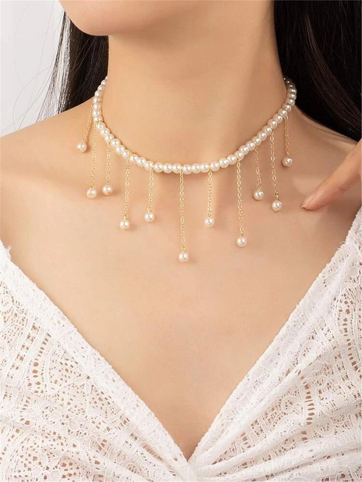 İncili Zincir Saçaklı Kolye