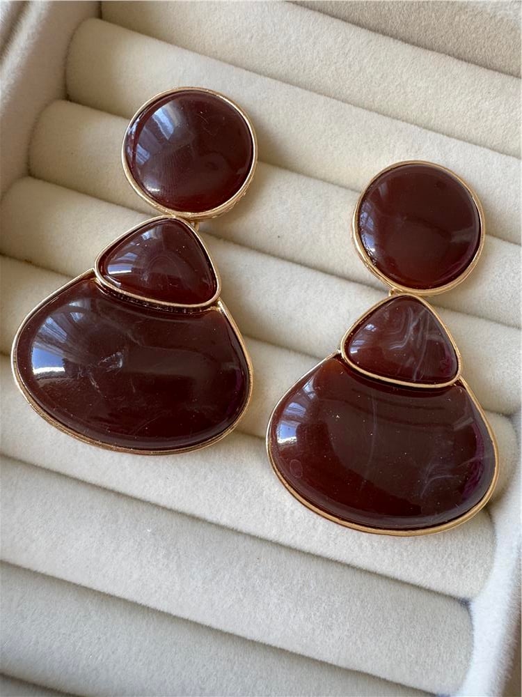 Kahverengi Mermer Desenli Gold Çerçeveli Geometrik Vintage Küpe