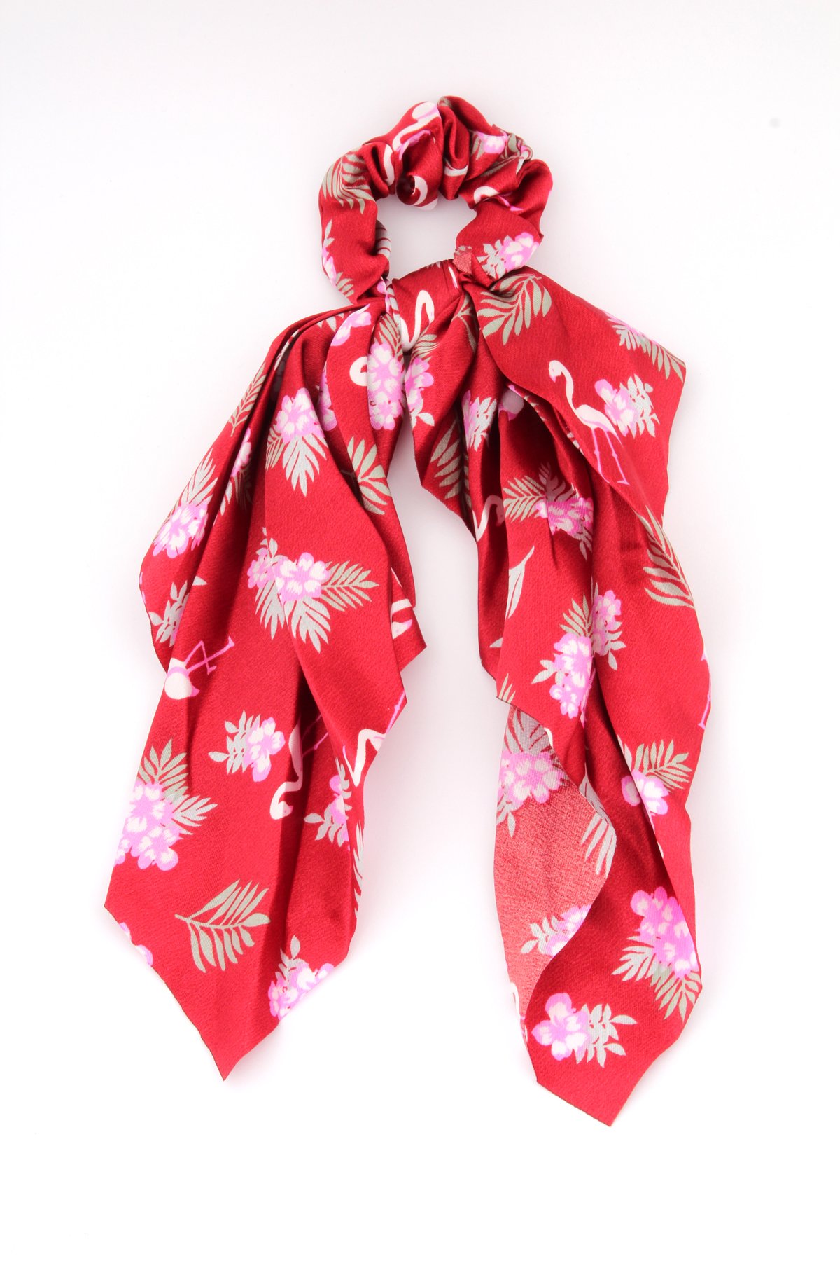 Kırmızı Flamingo Desenli Scrunchie Fular Toka