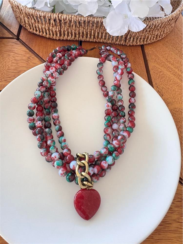 Kırmızı Kalp Jade Taşlı Çoklu Kolye