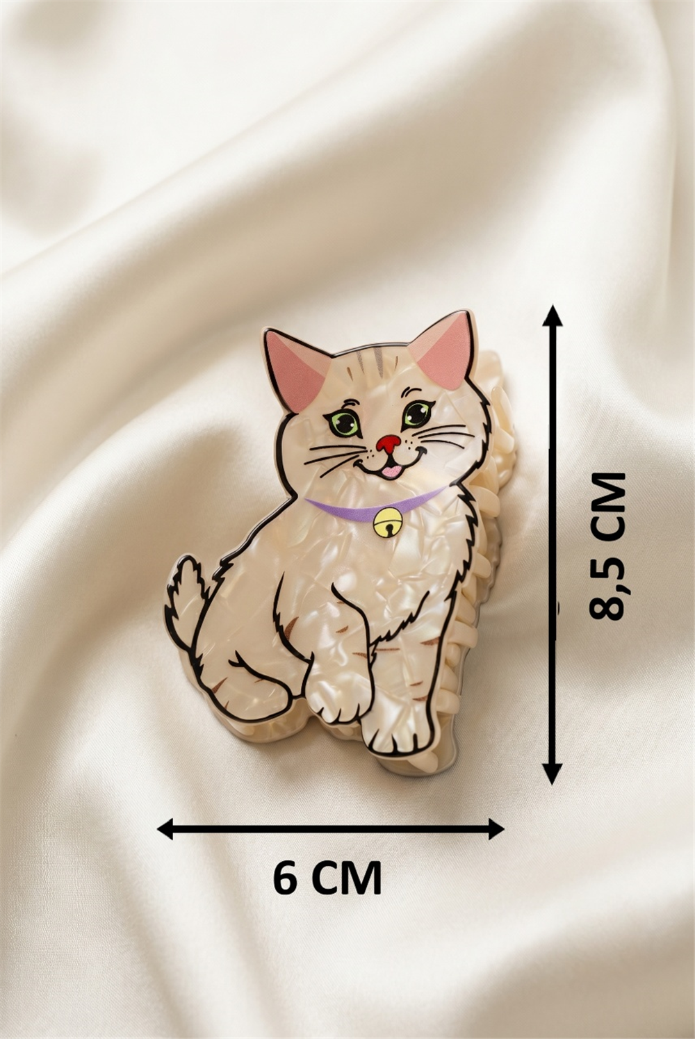 Krem Rengi Mor Tasmalı Kedi Figürlü Mandallı Toka