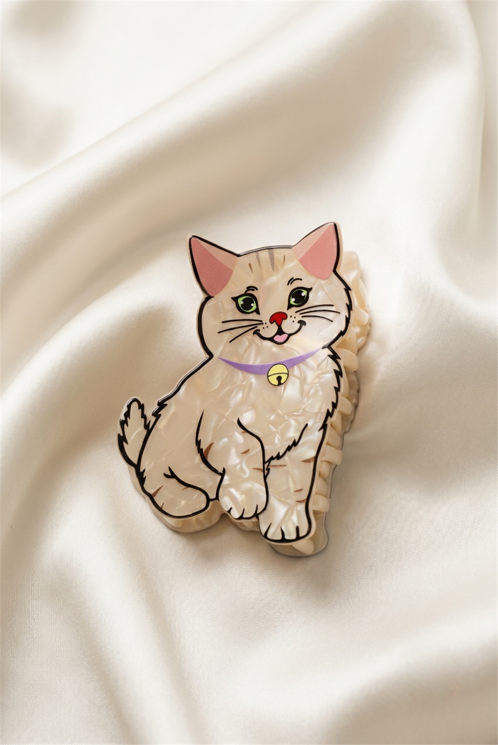 Krem Rengi Mor Tasmalı Kedi Figürlü Mandallı Toka