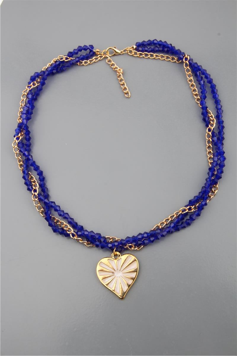 Lacivert Kristal ve Zincir Dolamalı Kalpli Tasarım Kolye