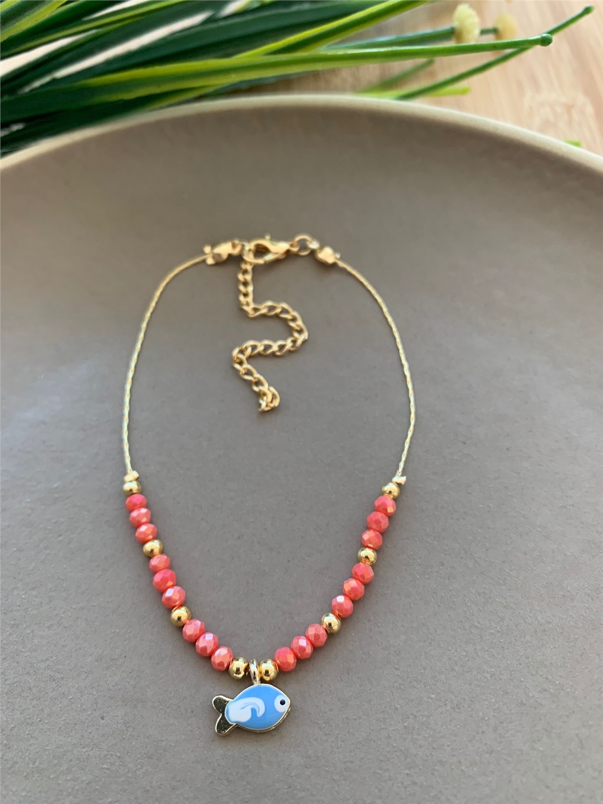 Mavi Balıklı Turuncu Boncuklu Halhal