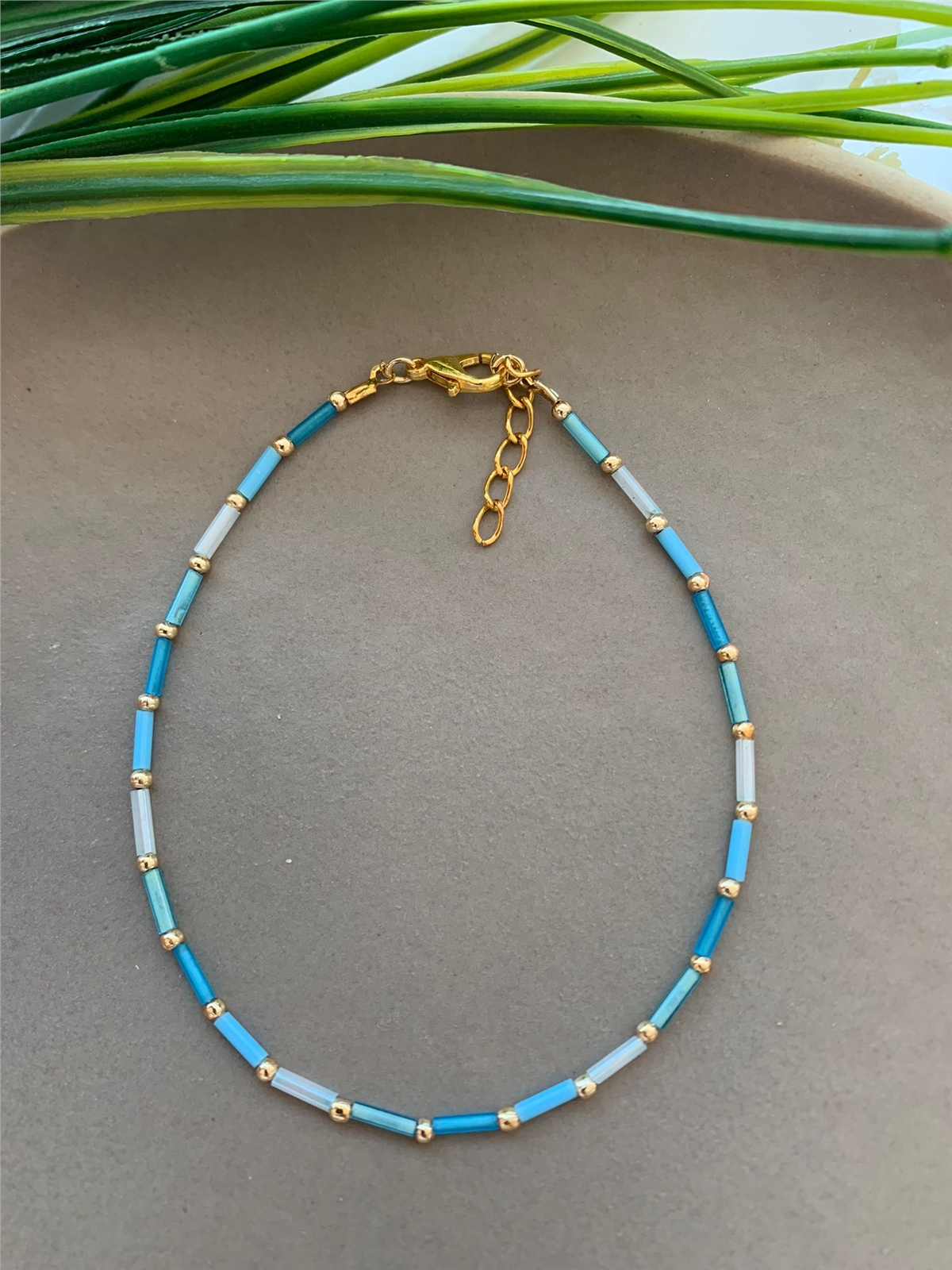 Mavi Beyaz Boru Boncuklu Halhal