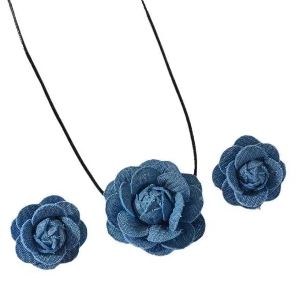 Mavi Jean/Kot Çiçekli Choker Küpe Seti