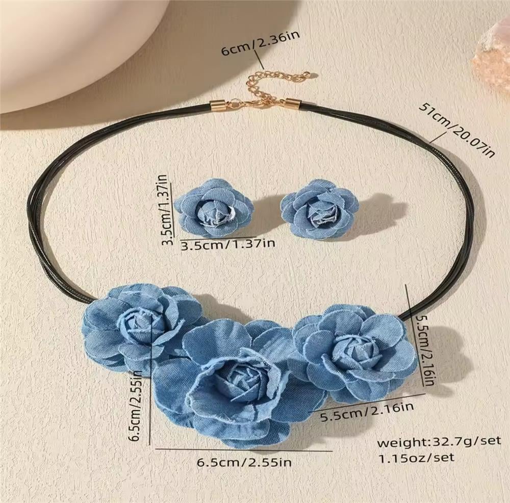 Mavi Jean/Kot Çiçekli Kolye Küpe Seti