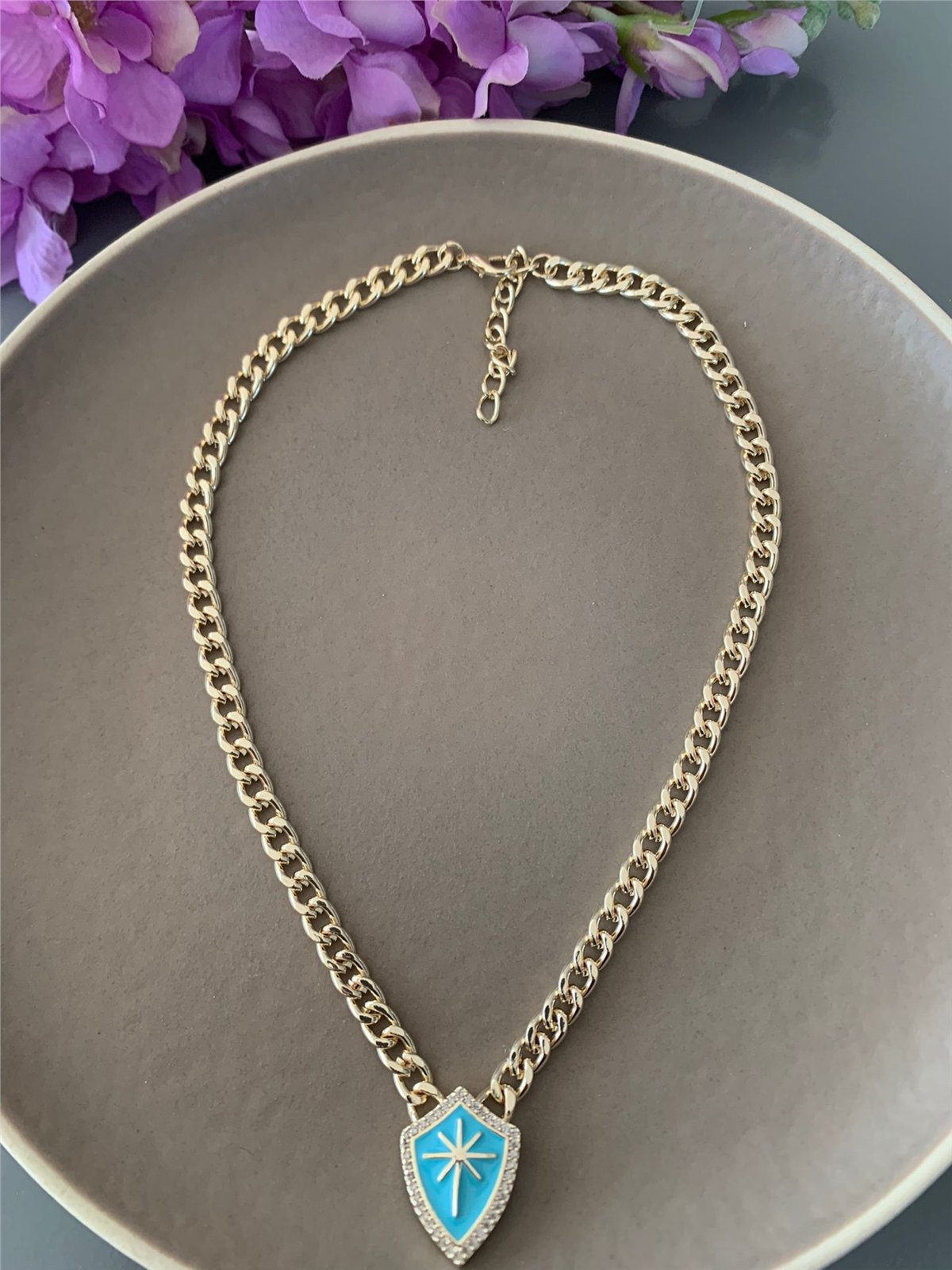 Mavi Mineli Zirkon Taş Yıldız Figürlü Kalın Zincirli Kolye