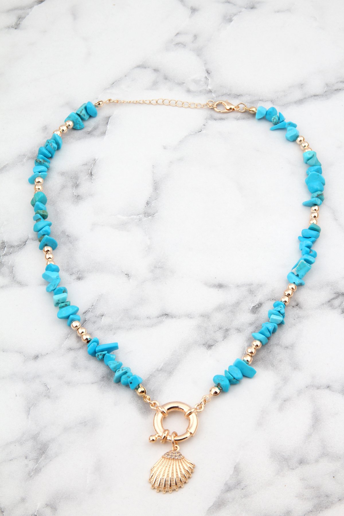 Mavi Turkuaz Taşlı Denizkabuklu Kolye