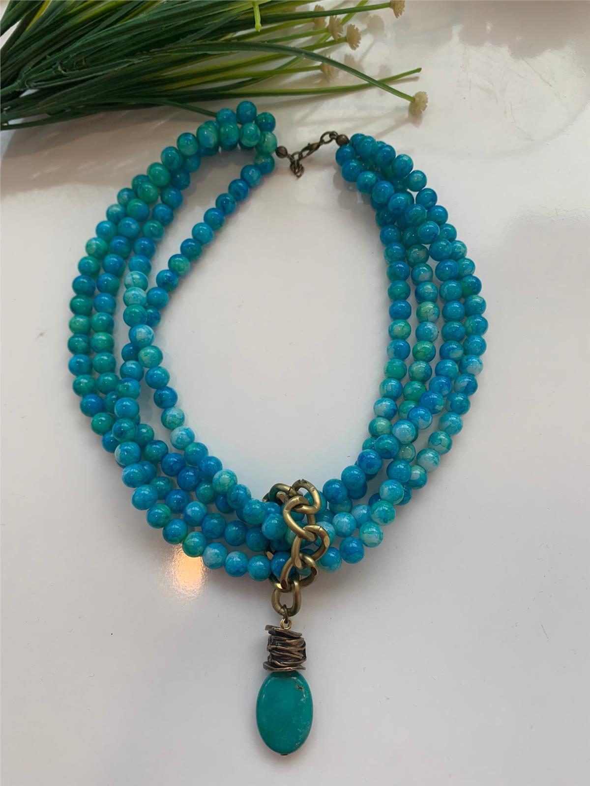 Mavi Yeşil Jade Taşlı Cam Boncuklu Tasarım Kolye