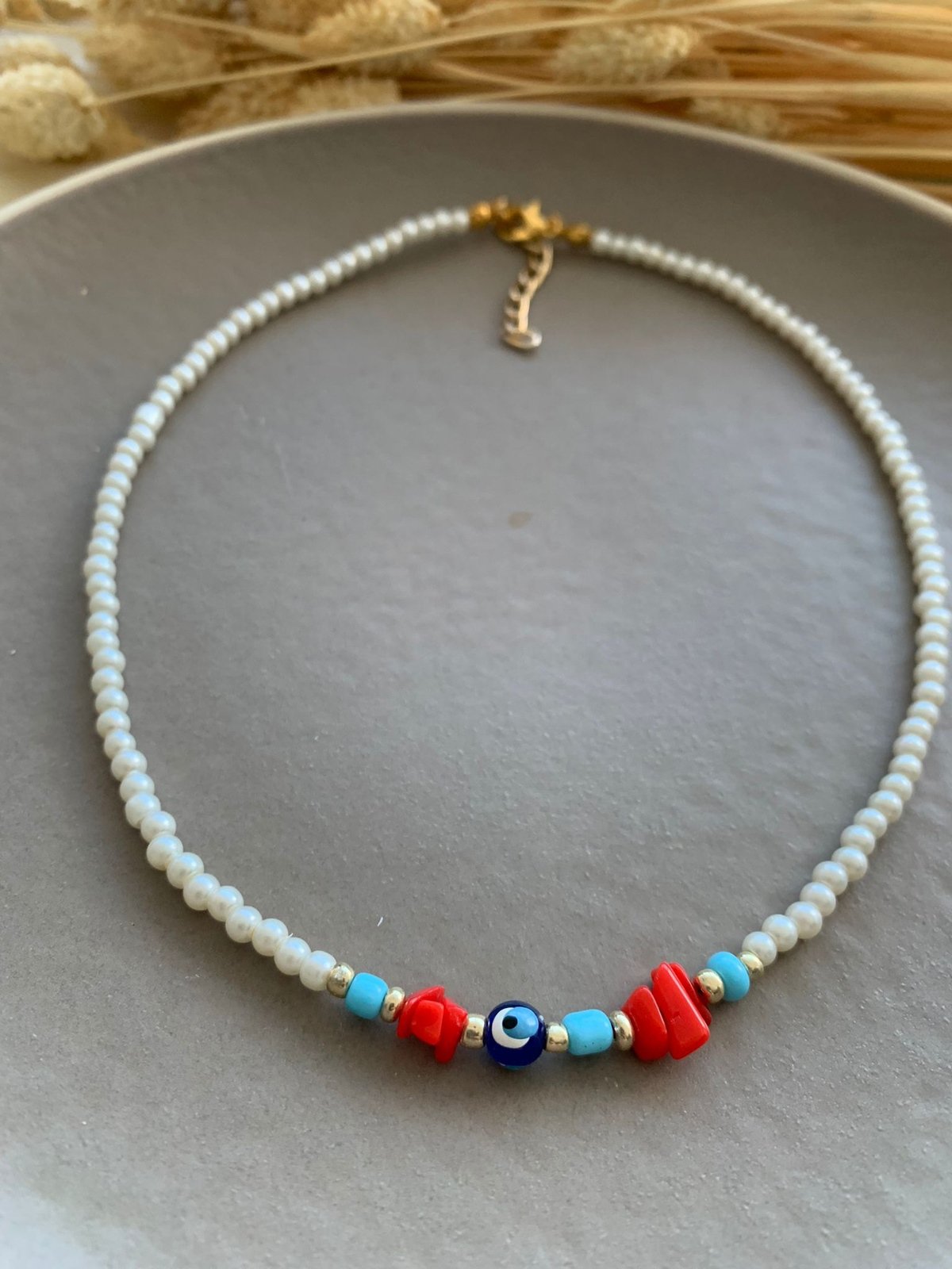 Mercan Taşlı Nazar Boncuklu İncili Kolye