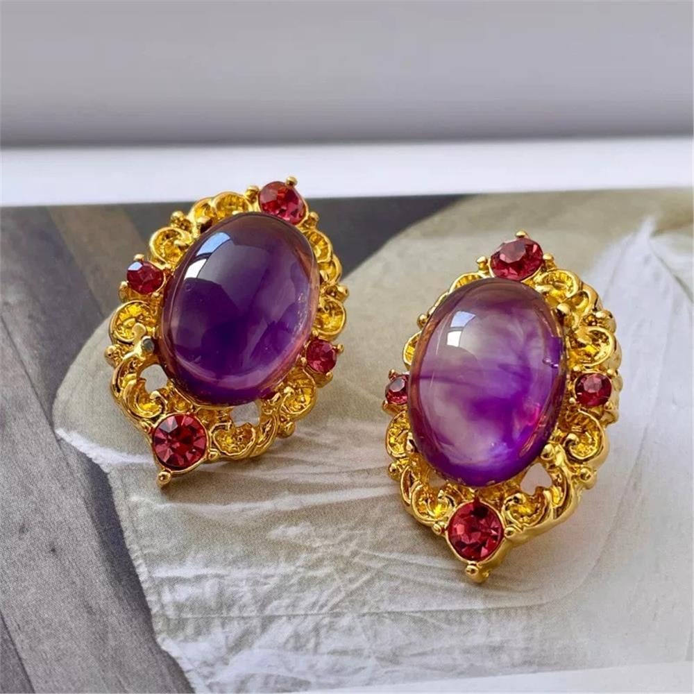 Mor Büyük Oval Taşlı Gold Barok Vintage Küpe