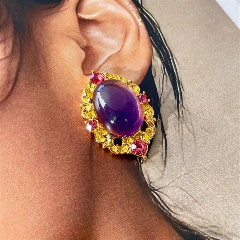 Mor Büyük Oval Taşlı Gold Barok Vintage Küpe