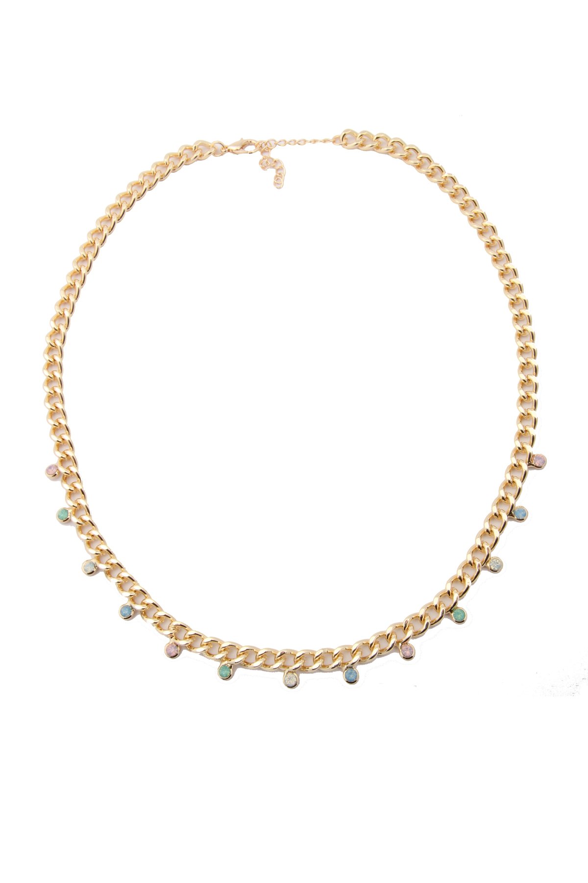 Pastel Kristal Taşlı Gold Kalın Zincir Kolye