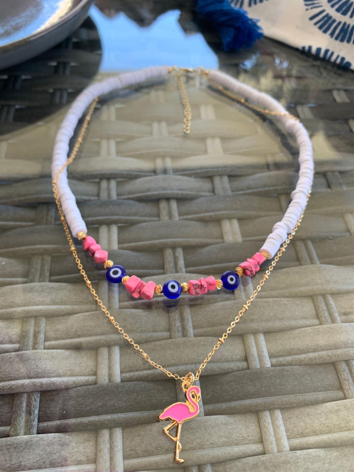 Pembe Doğal Taşlı Flamingo Fimo 2 Katlı Kolye