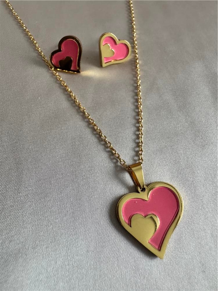 Pembe Kalp Çelik Kolye Küpe Seti