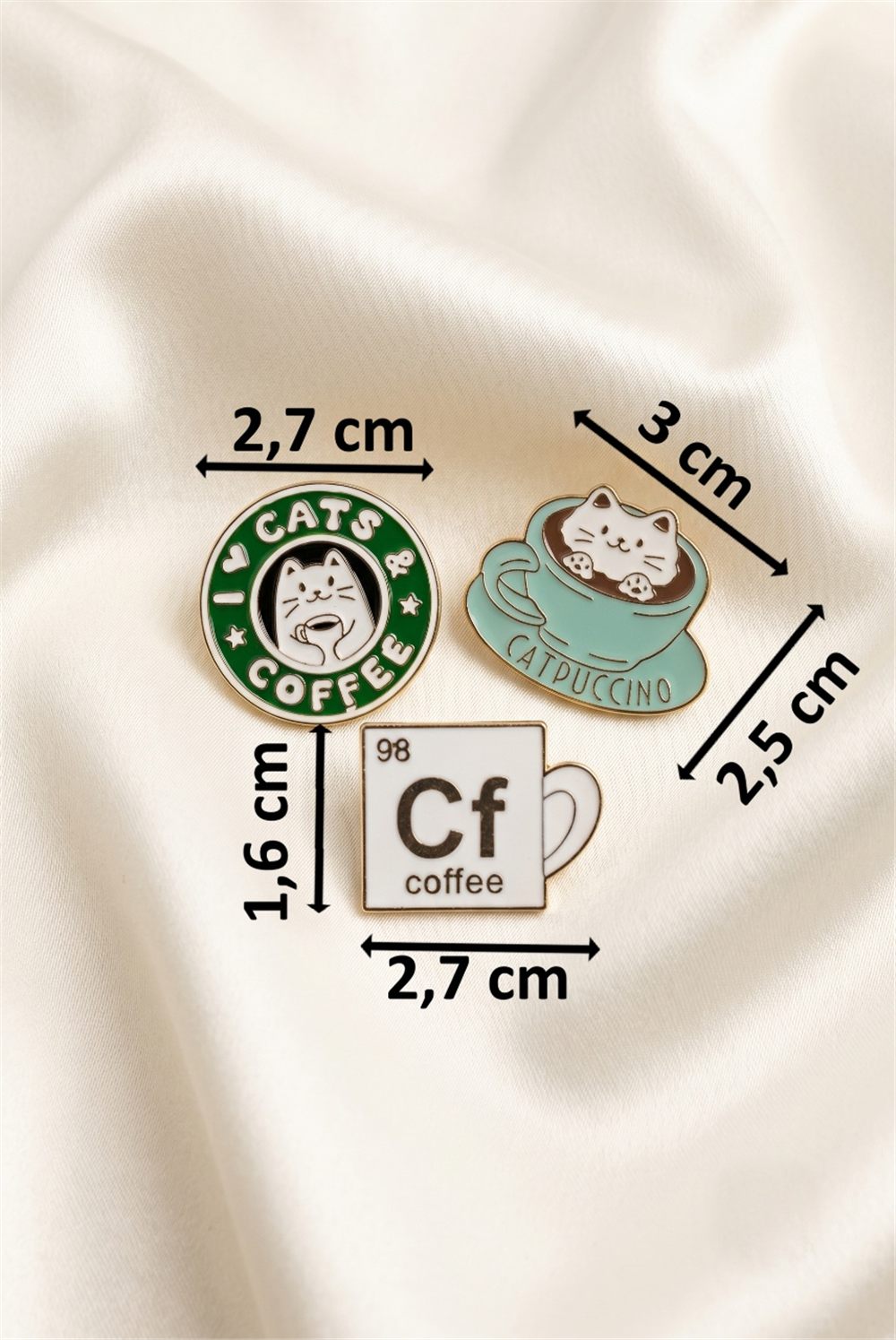 Renkli Kedi ve Kahve (Catpuccino) Temalı 3'lü Emaye Broş Seti