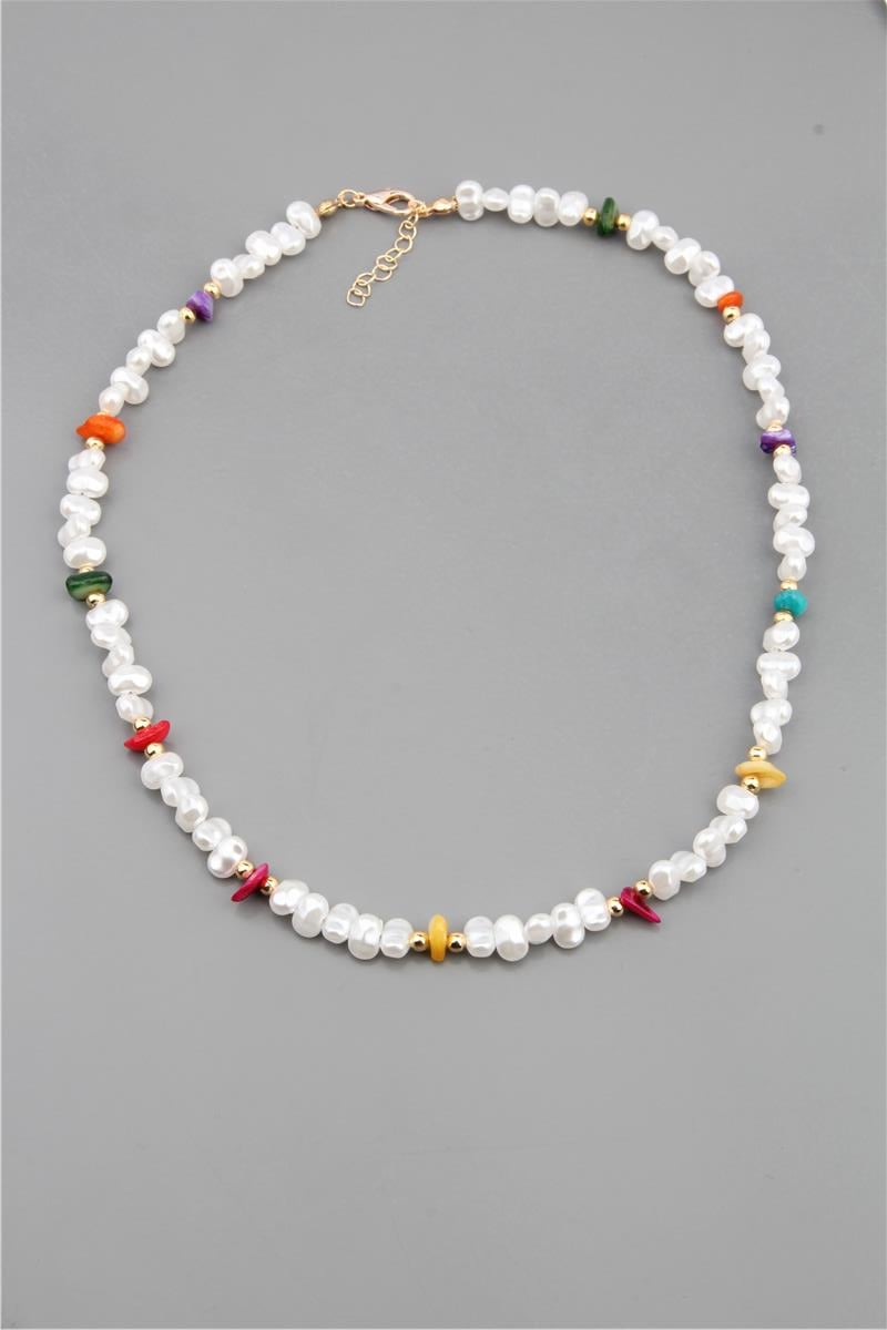 Renkli Kırık Doğaltaşlı İncili Kolye