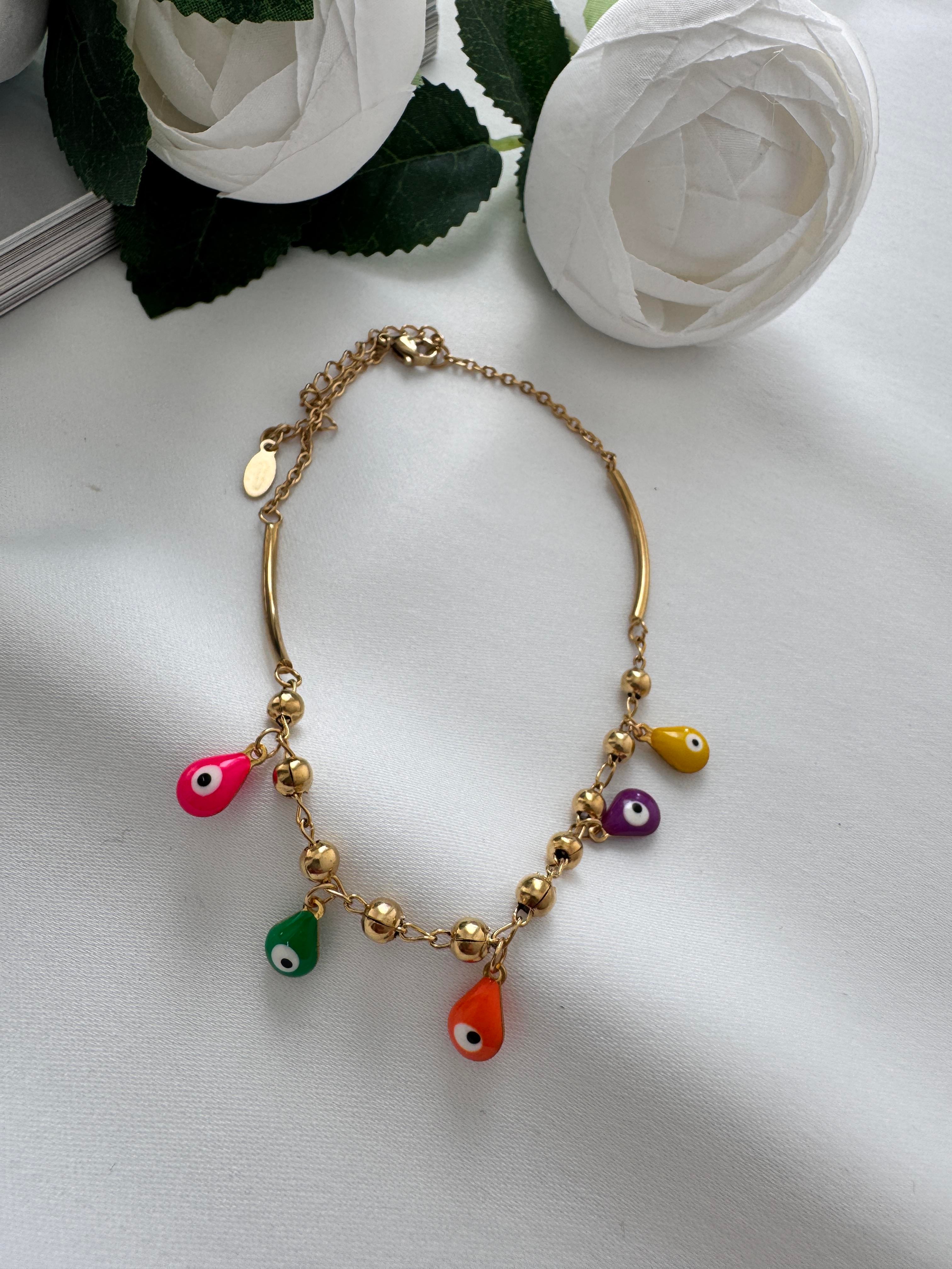 Renkli Nazar Boncuklu Damlalı Çelik Halhal