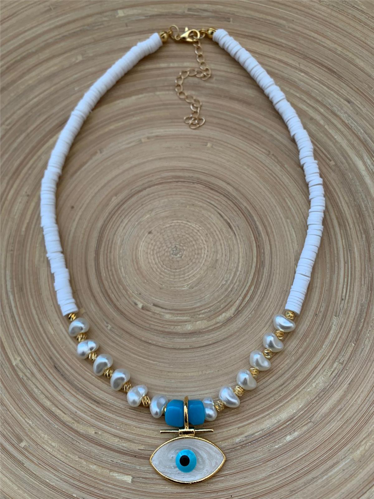 Sedef Göz Figürlü Fimo ve Mavi Cam Boncuklu Kolye