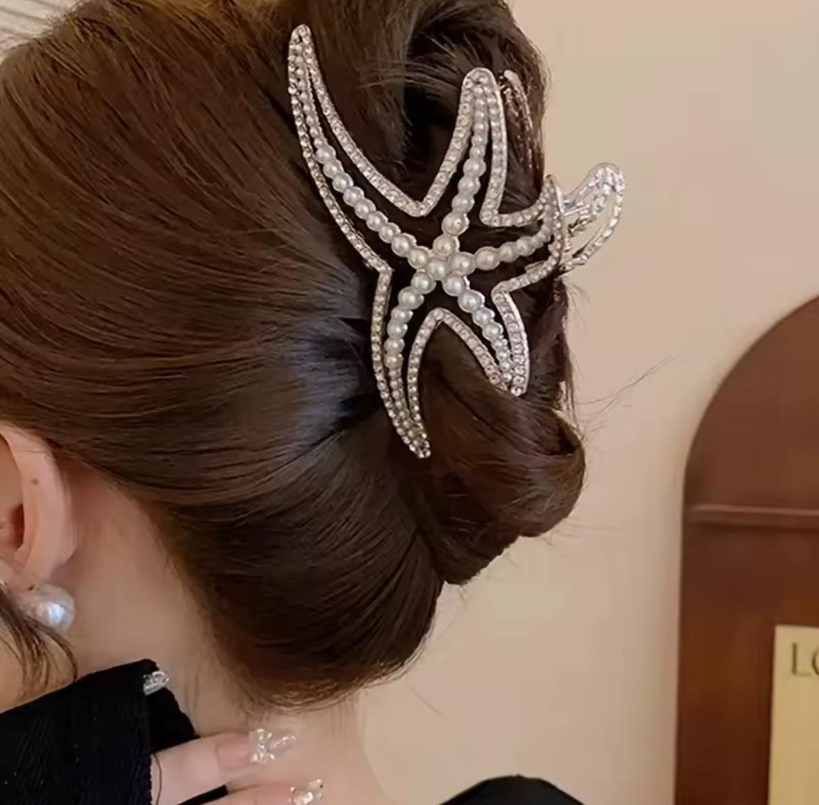 Silver İncili ve Taşlı Büyük Deniz Yıldızlı Mandal Toka