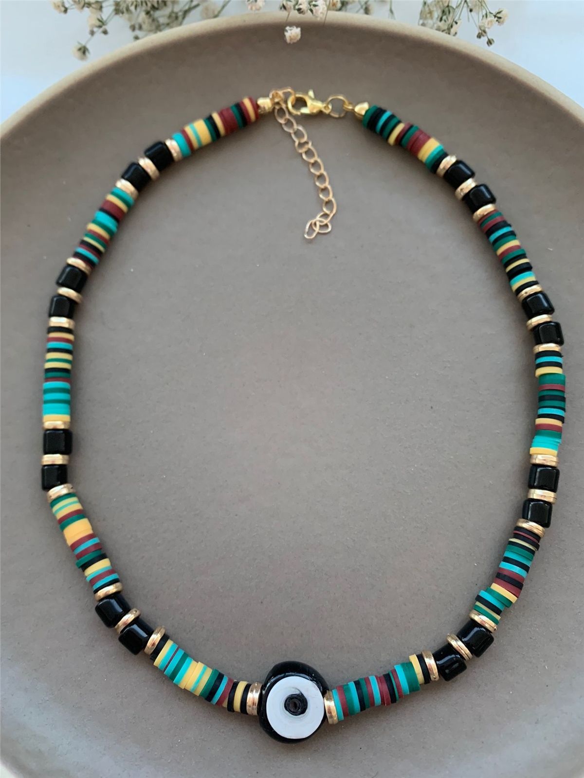 Siyah Cam Nazar Boncuklu Yeşil Fimo Tasarım Kolye