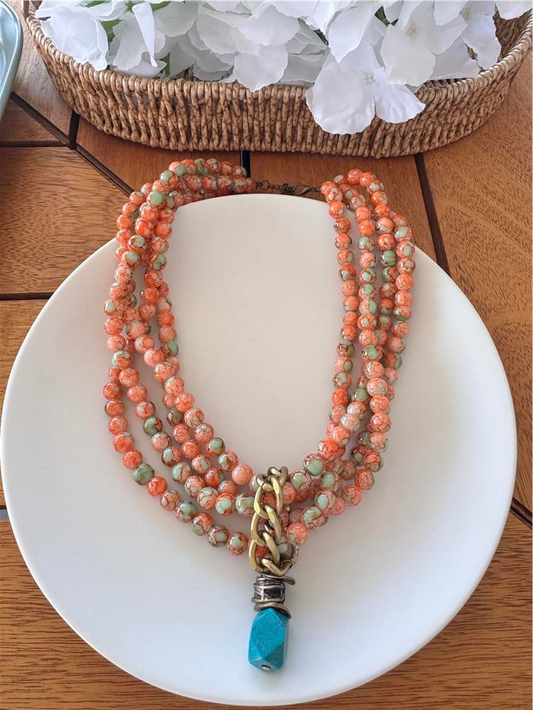 Turkuaz Turuncu Jade Taşlı Çoklu Kolye