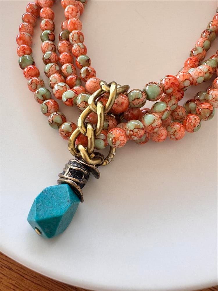 Turkuaz Turuncu Jade Taşlı Çoklu Kolye