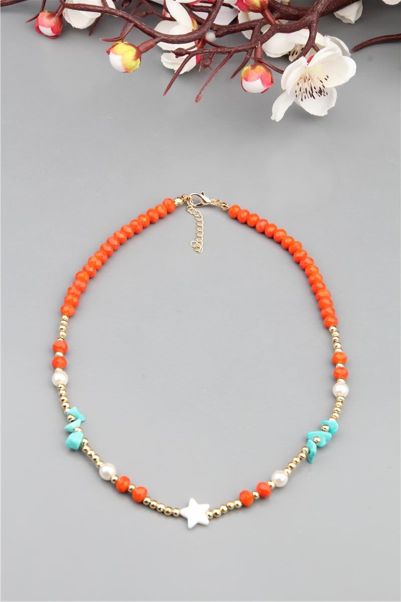 Turkuaz Turuncu Taşlı Sedef Yıldızlı Kolye