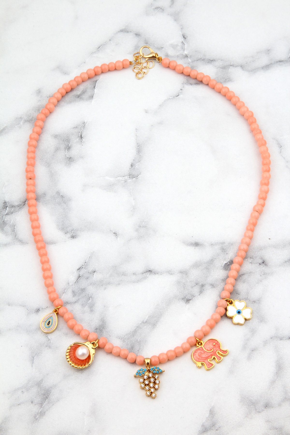 Üzüm Fil Nazar Figürlü Somon Pembe Charm Kolye