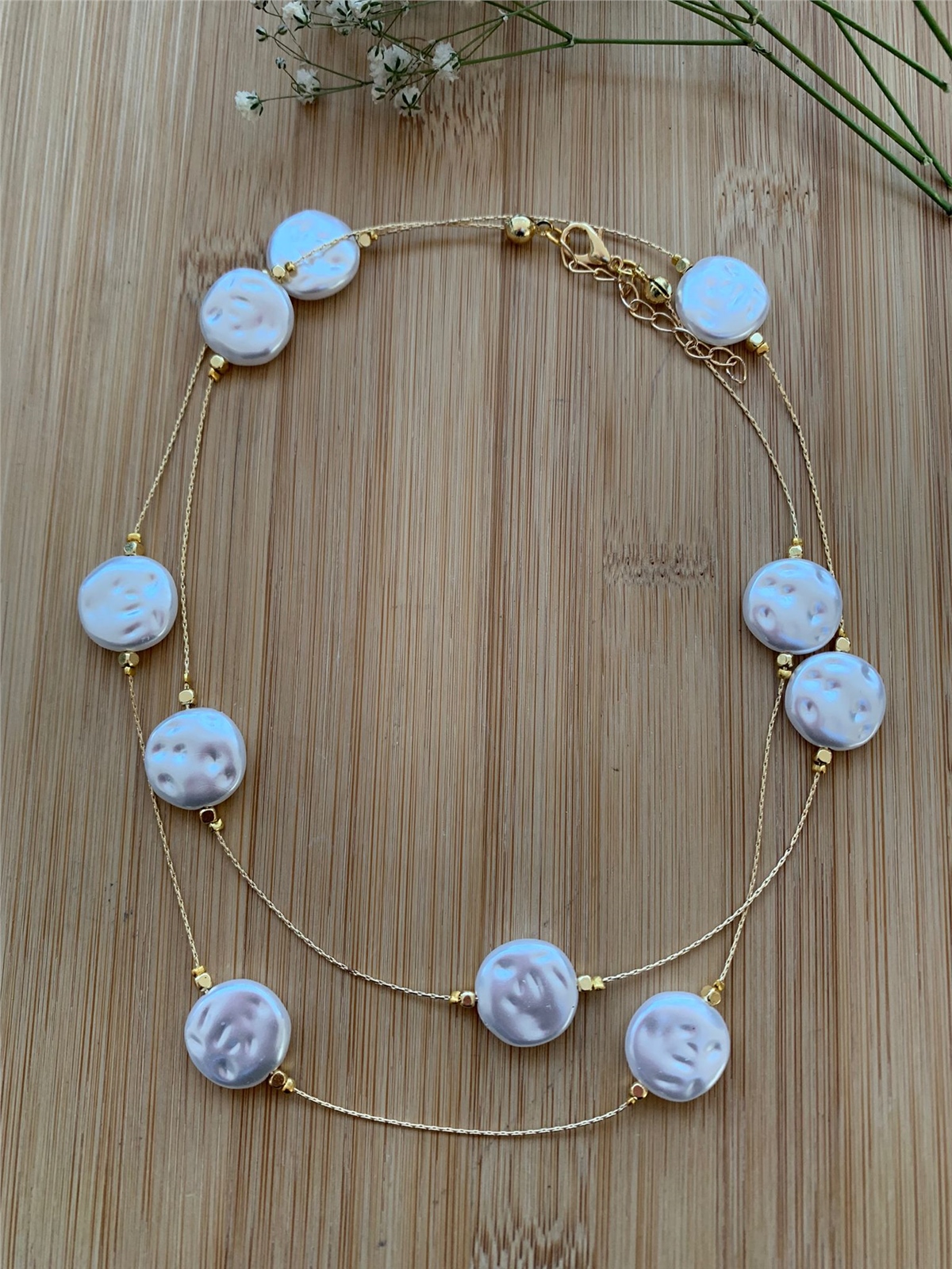 Yassı Yuvarlak İncili İki Sıralı Tasarım Kolye