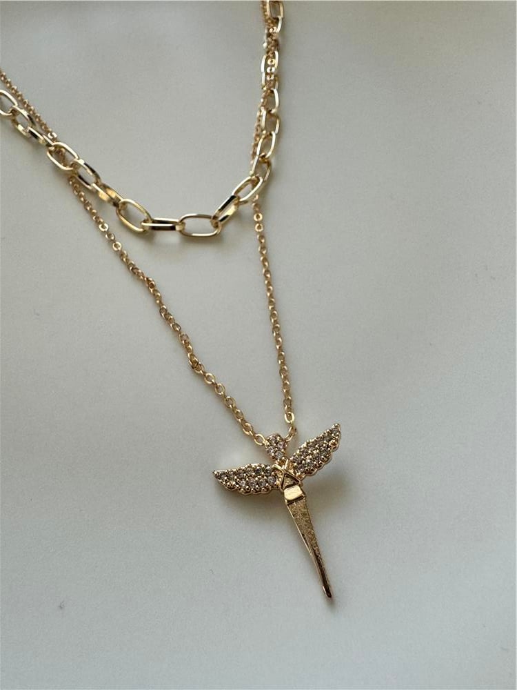 Zirkon Melek Figürlü 2 Katlı Gold Kolye