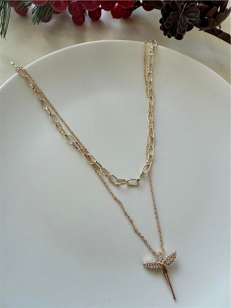 Zirkon Melek Figürlü 2 Katlı Gold Kolye
