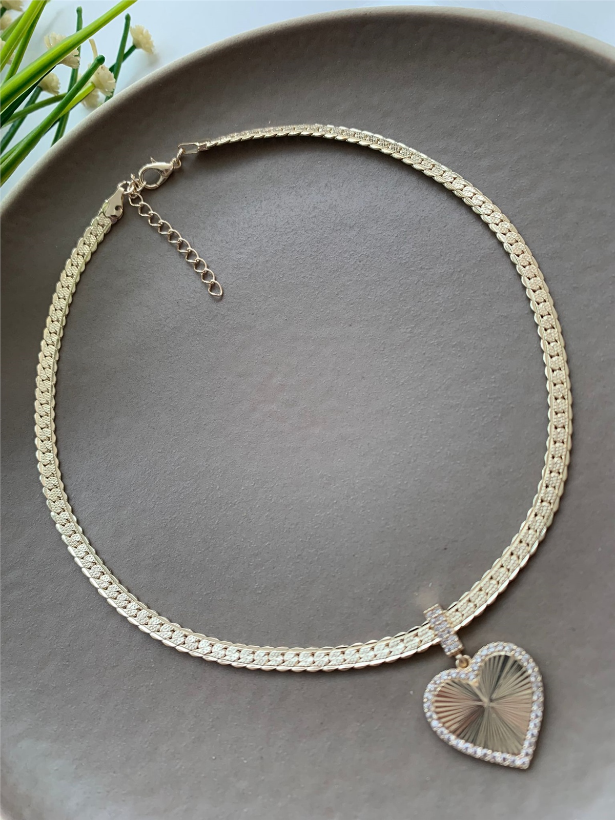 Zirkon Taşlı Kalp Figürlü Gold Kalın Zincir Kolye