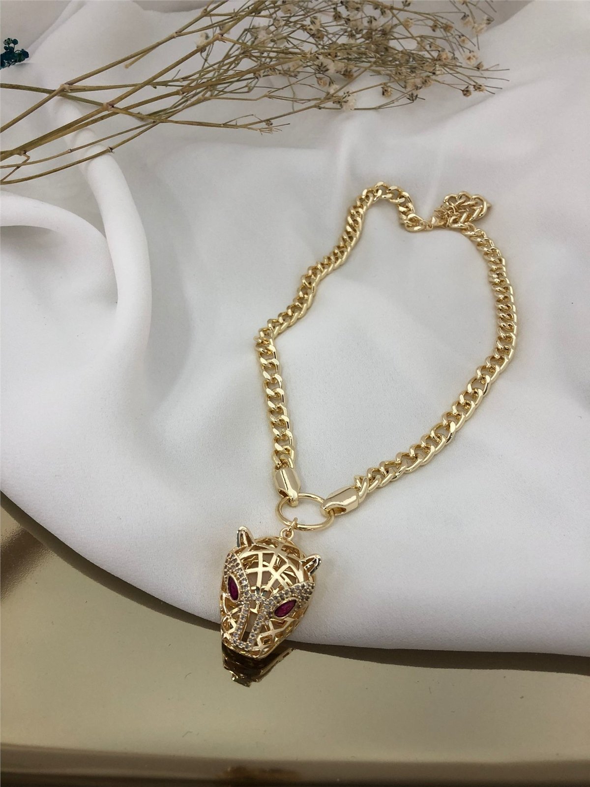 Zirkon Taşlı Kaplan Figürlü Kalın Zincirli Kolye