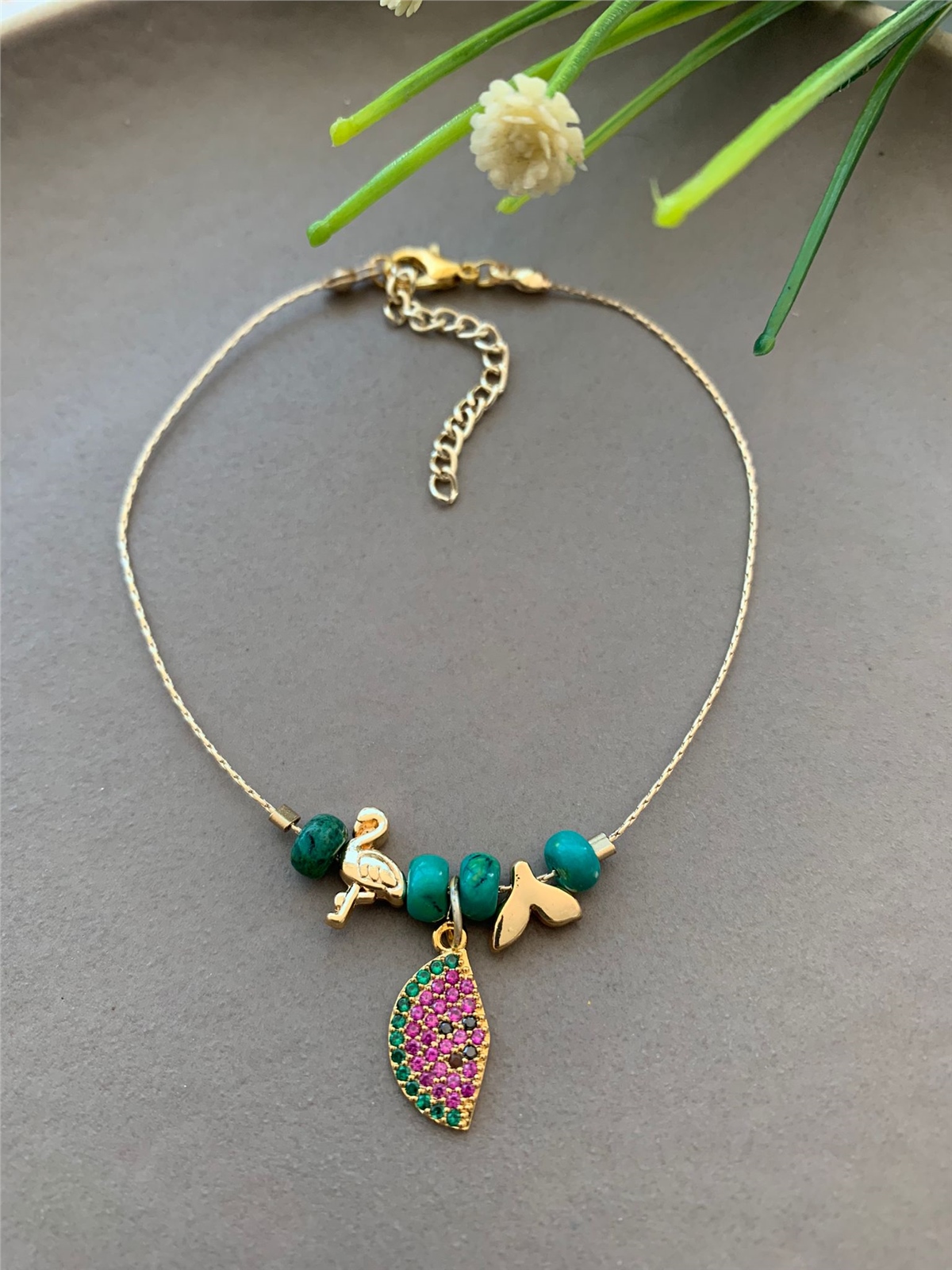 Zirkon Taşlı Karpuz Figürlü Yeşil Firüze Doğaltaşlı Halhal