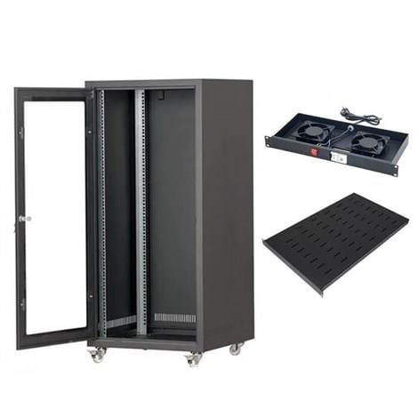 SETRACK 16U 600X800 CAMLI TEKERLEKLİ RACK KABİNET+SABİT RAF+2Lİ FAN MODÜLÜ