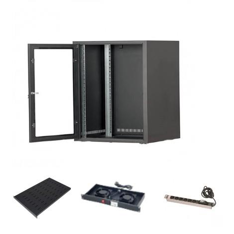 SETRACK 19'' 9U 600X600 DUVAR TİPİ RACK KABİNET+SABİT RAF+2Lİ FAN MODÜLÜ+6LI GRUP PRİZ